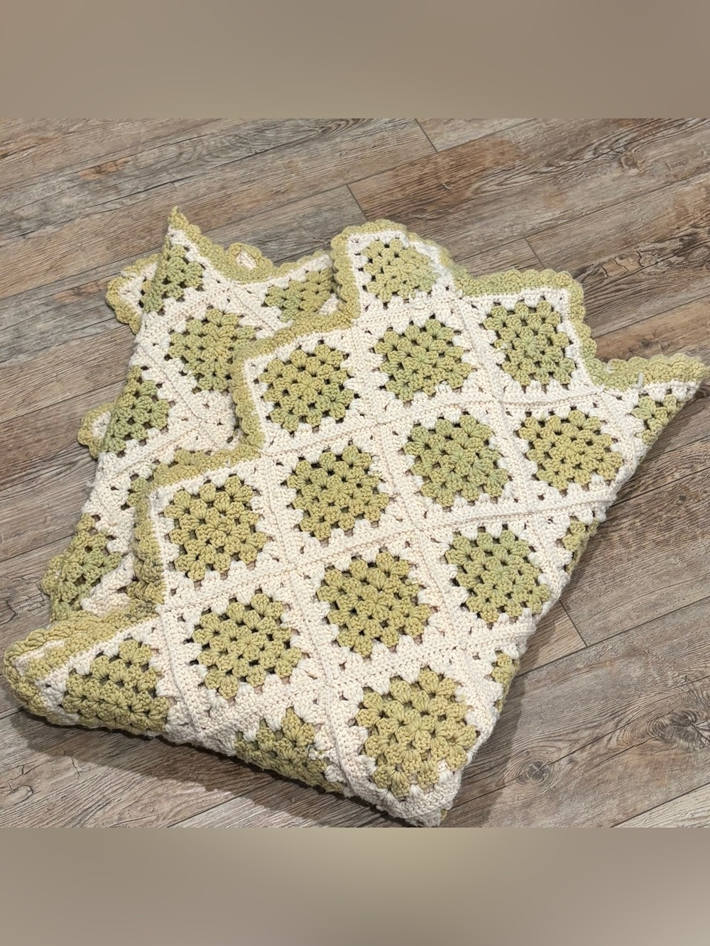 Handmade Crochet Granny Square Throw - Cream & Light Green